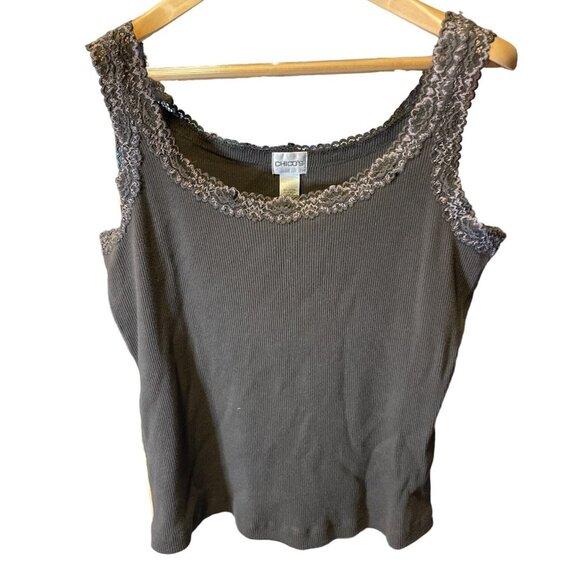 Chico's Brown Ribbed Lacy Shoulder Scoop Neck Pullover Tank Top Sz L - Picture 1 of 6